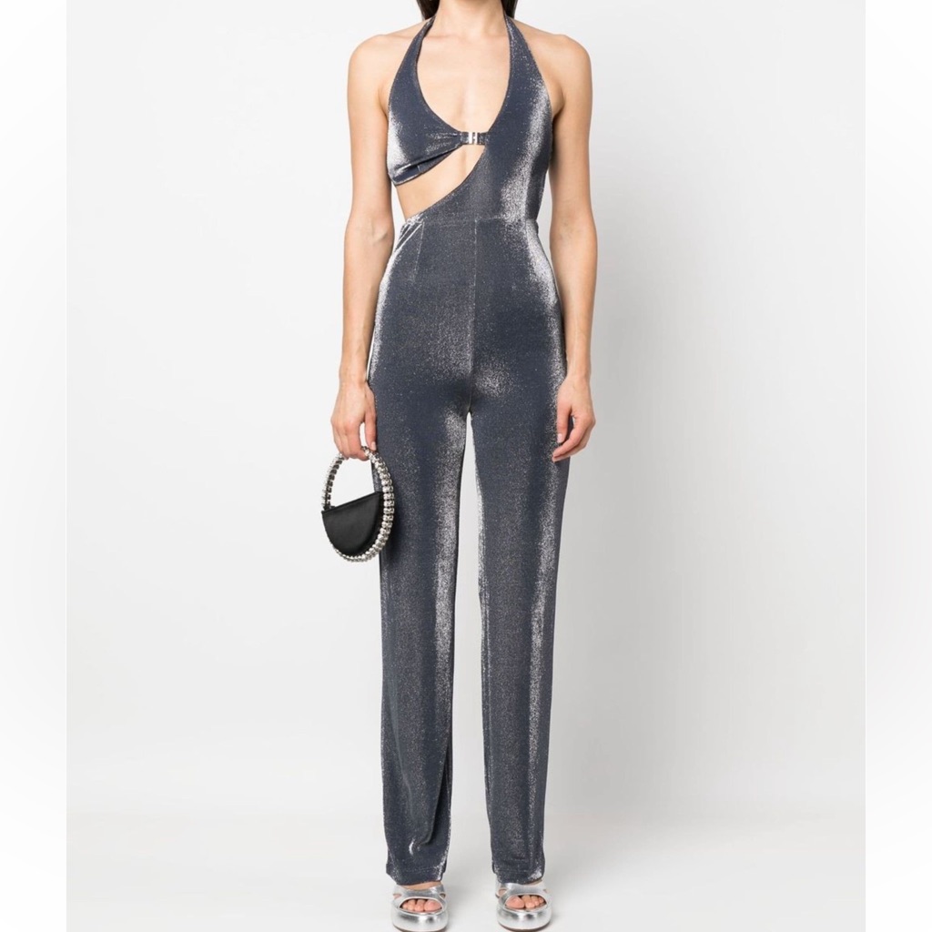 Rotate Halter-Neck Jumpsuit Metallic Finish Size Small